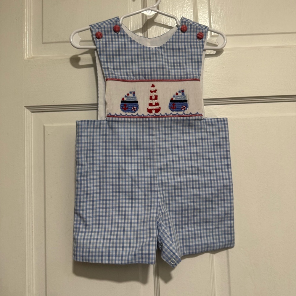 6 Month Smocked Shortall Jon Jon One Piece Summer Outfit Boat Lighthouse Beach
